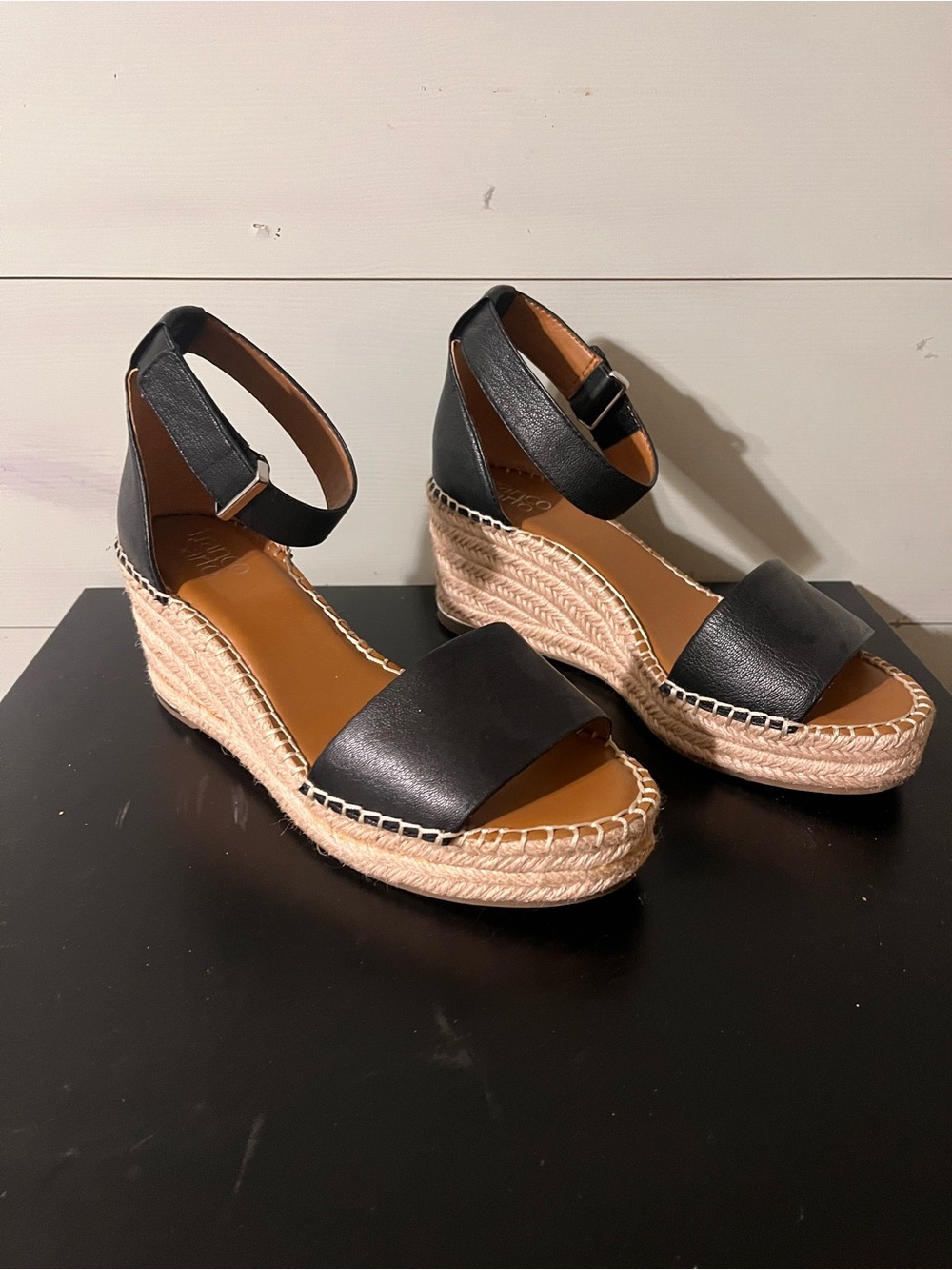 Franco Sarto Black Espadrille Wedge Sandals with Ankle Strap